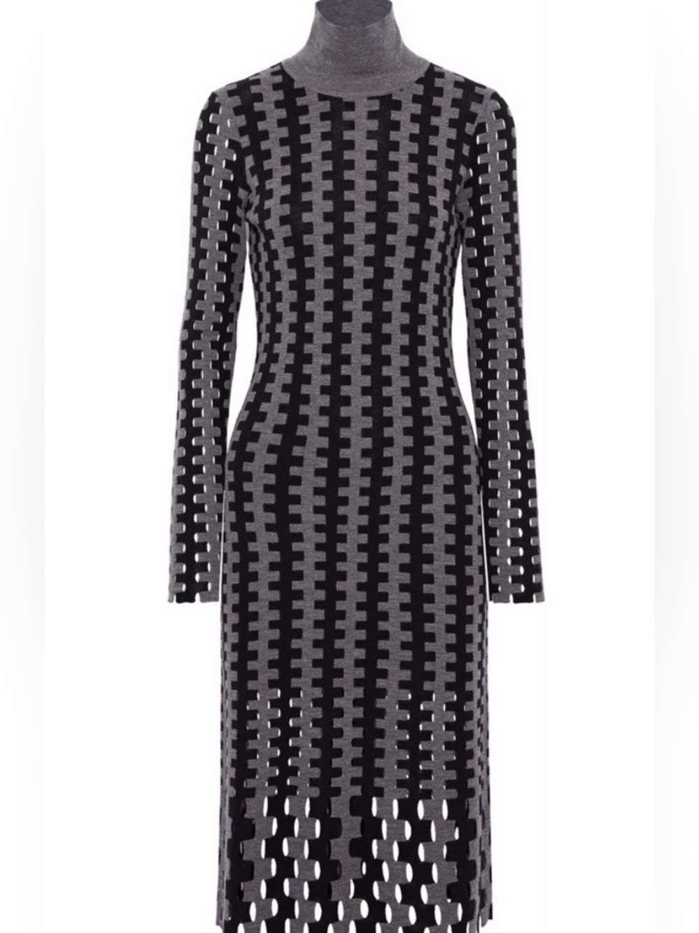 Diane Von Furstenberg Black and Gray Long-Sleeve Turtleneck Knit Dress